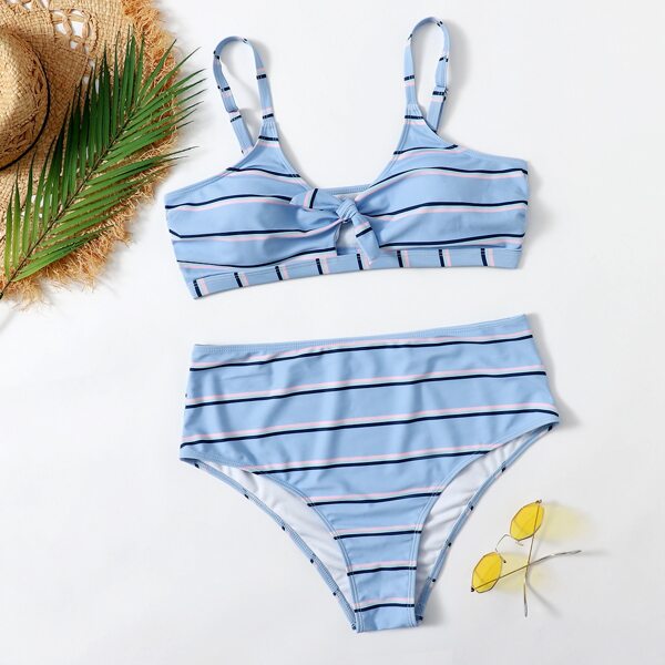 

Plus Striped Knot Front Bikini Swimsuit, Blue