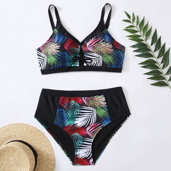 

Plus Leaf Print Lace-up Bikini Swimsuit, Multicolor