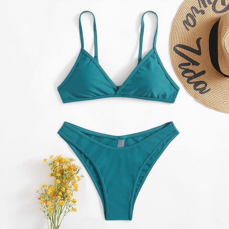 

Solid Triangle Bikini Swimsuit, Teal blue
