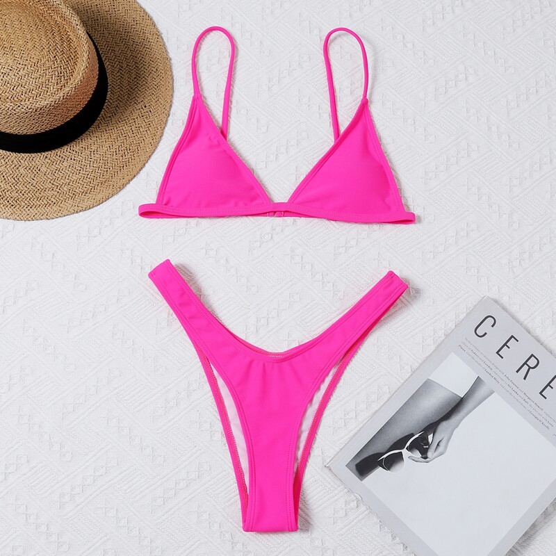 

Solid Triangle High Cut Bikini Swimsuit, Hot pink