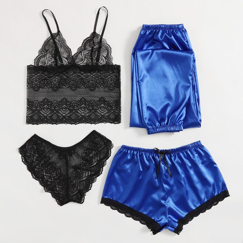 

4pack Floral Lace Satin Lingerie Set, Multicolor