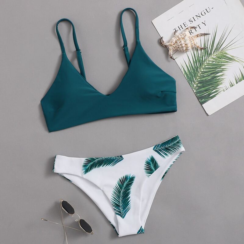 

Tropical Leaf Graphic Bikini Swimsuit, Multicolor