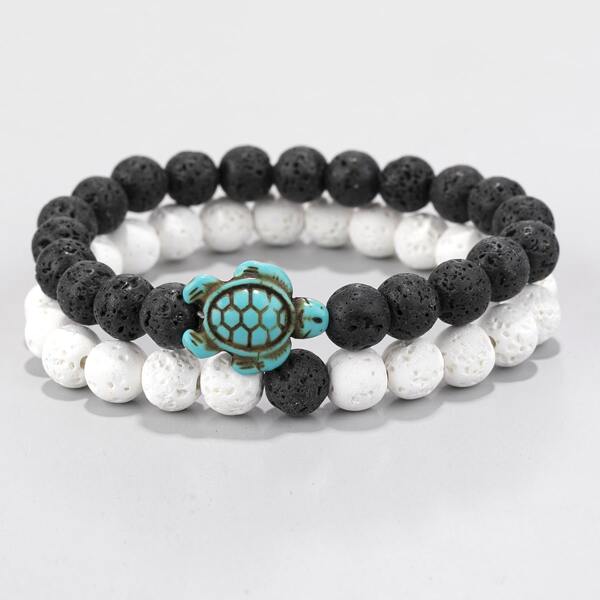 

2pcs Men Tortoise Decor Beaded Bracelet, Multicolor