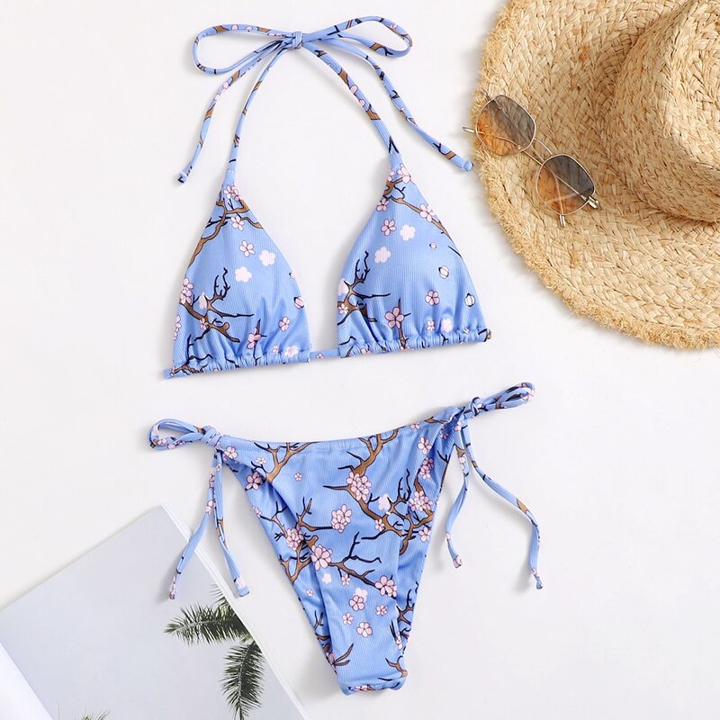 

Flower Halter Tie Side Bikini Swimsuit, Blue