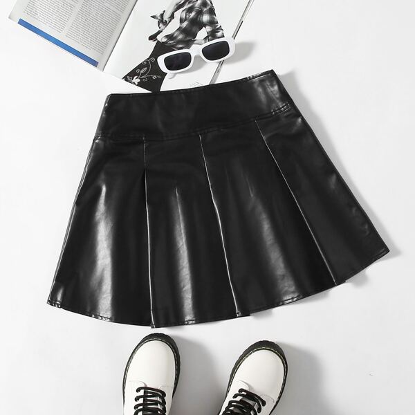 

Lace Up Waist PU Leather Skirt, Black