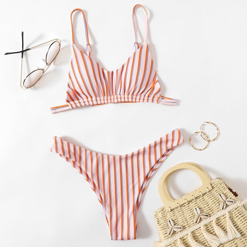 

Striped High Cut Bikini Swimsuit, Multicolor