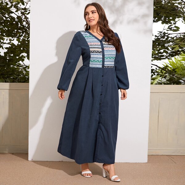 

Plus Button Front Geo Panel Dress, Navy blue