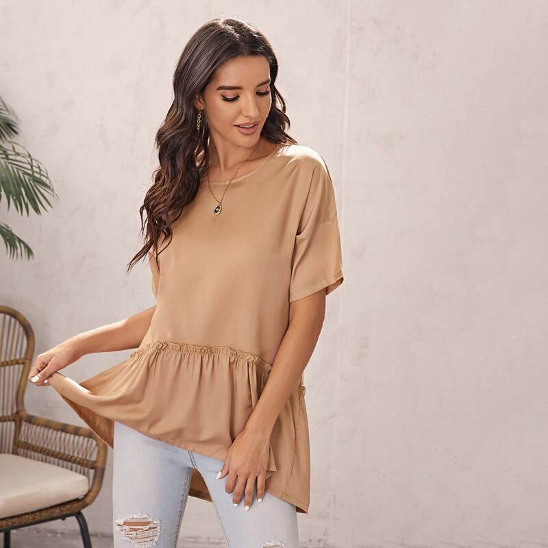 

Drop Shoulder Frill Trim Longline Peplum Top, Apricot