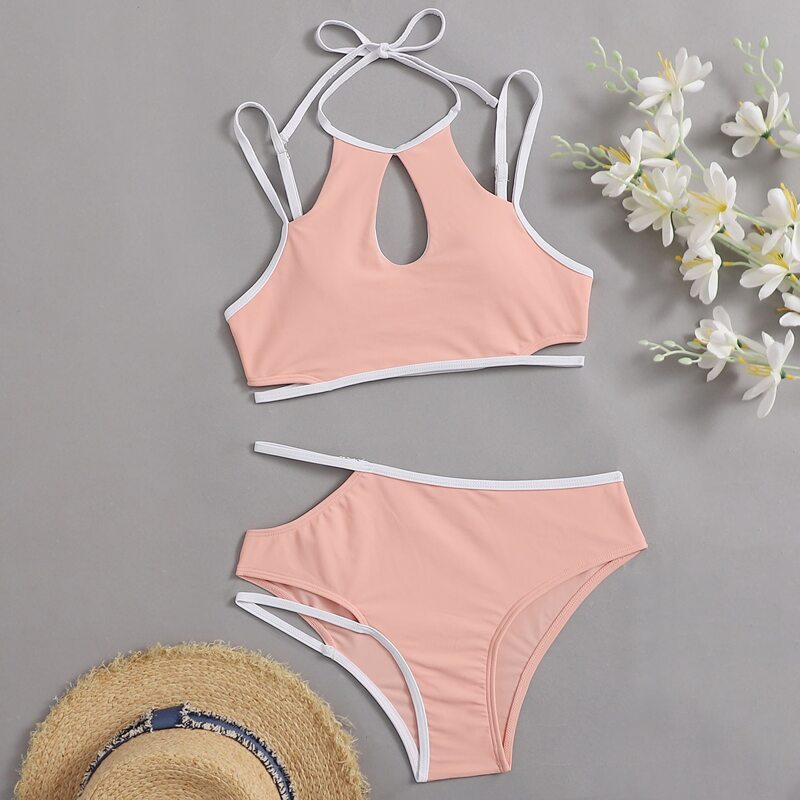 

Asymmetrical Cut Out Ringer Bikini Swimsuit, Coral pink