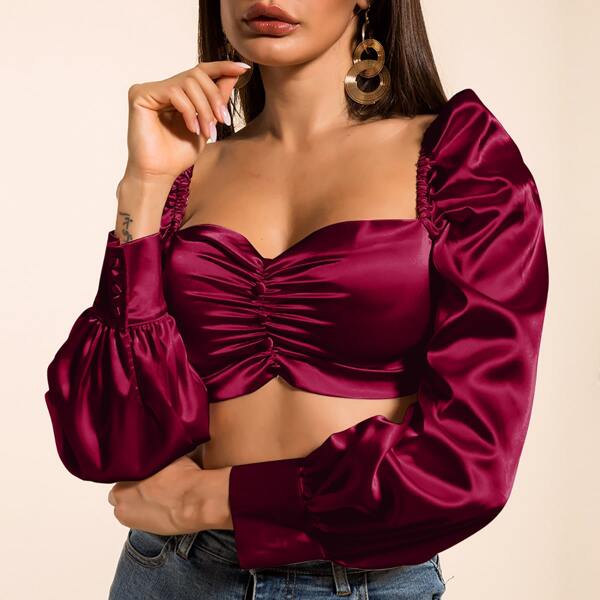

Satin Ruched Puff Sleeve Crop Top, Maroon