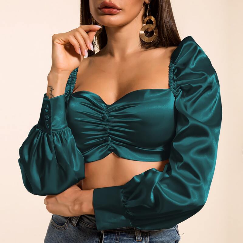 

Satin Ruched Puff Sleeve Crop Top, Dark green