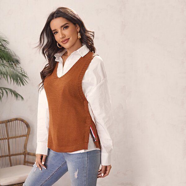 

V Neck Slit Hem Sweater Vest Without Blouse, Brown