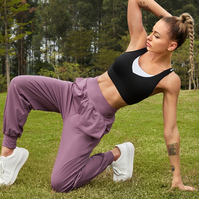 

Wide Waistband Solid Sports Pants, Mauve purple