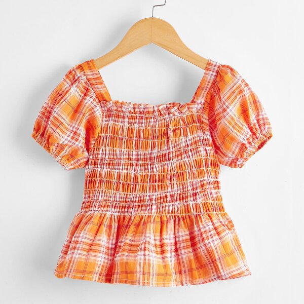 

Toddler Girls Plaid Shirred Peplum Blouse, Orange