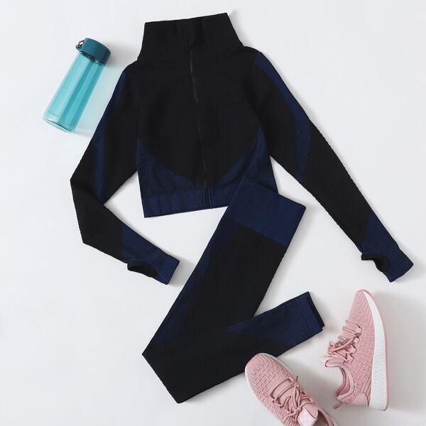 

Contrast Striped Zip Up Sports Jacket & Sports Leggings, Black