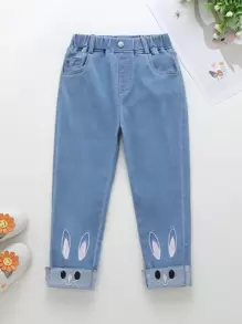 Young Girl Cartoon Embroidered Jeans - Medium Wash - View 1