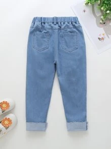 Young Girl Cartoon Embroidered Jeans - Medium Wash - View 2