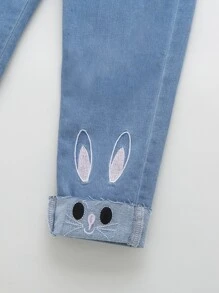 Young Girl Cartoon Embroidered Jeans - Medium Wash - View 5