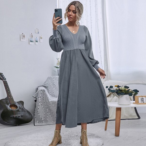 

Spliced Cable Knit Tie Back Dress, Grey