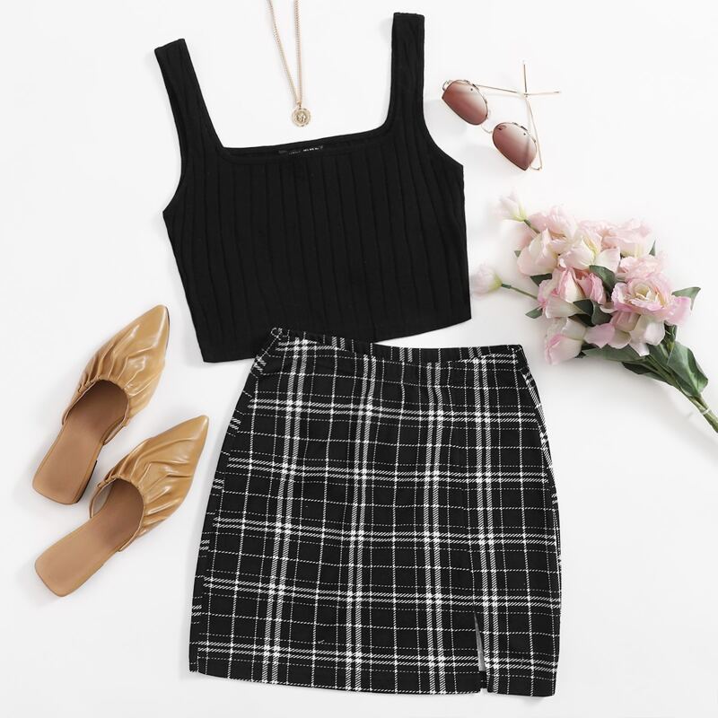 

Rib-knit Tank Top & Plaid Skirt Set, Black
