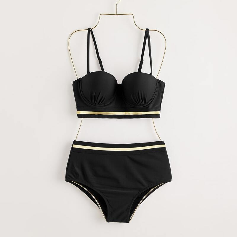 

Stripe Tape Underwire Bikini Swimsuit, Black