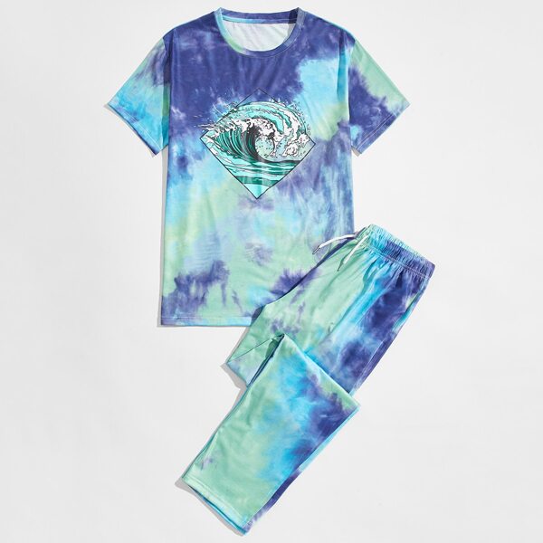 

Men Tie Dye Sea Wave Print Tee With Joggers, Multicolor