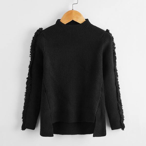 

Toddler Girls Fringe Trimed High Low Sweater, Black