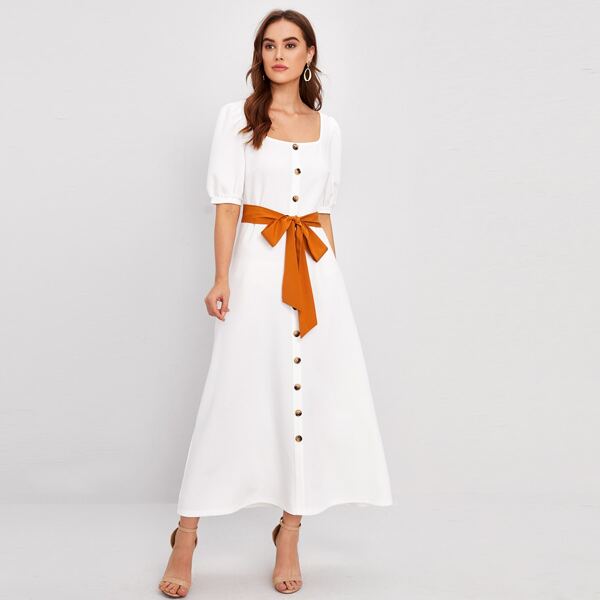 

Square Neck Single Breasted Dress With Belt, White