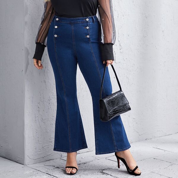 

Plus Double Button Flare Leg Jeans, Dark wash