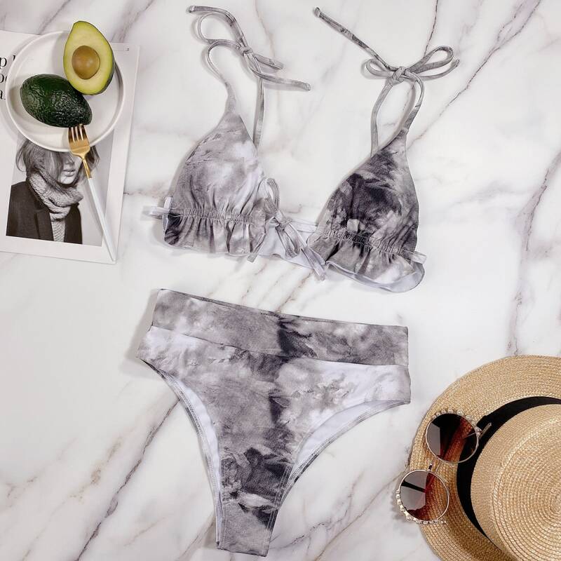 

Tie Dye Tie Front Micro Triangle Bikini Swimsuit, Grey