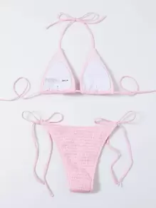 Swim Vcay 夏季海滩单色比基尼套装褶饰微三角文胸和系带侧边下装 2 件套比基尼 - 淺粉色 - 查看 2