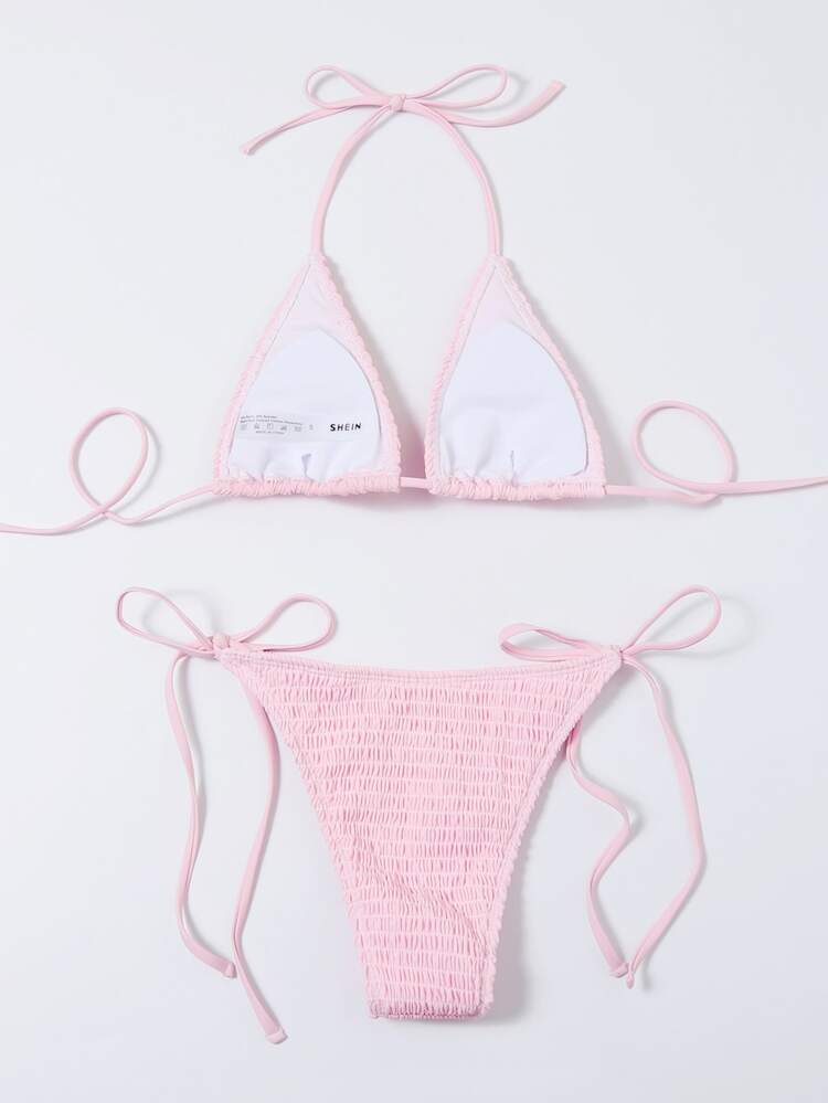 Summer Beach Mono Bikini Set Smocked Micro Triangle Bra & Tie Side Bottom 2 Pieces Bikini