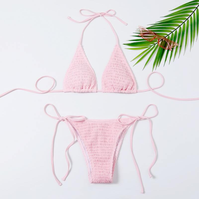 

Smocked Micro Triangle Bikini Swimsuit, Baby pink