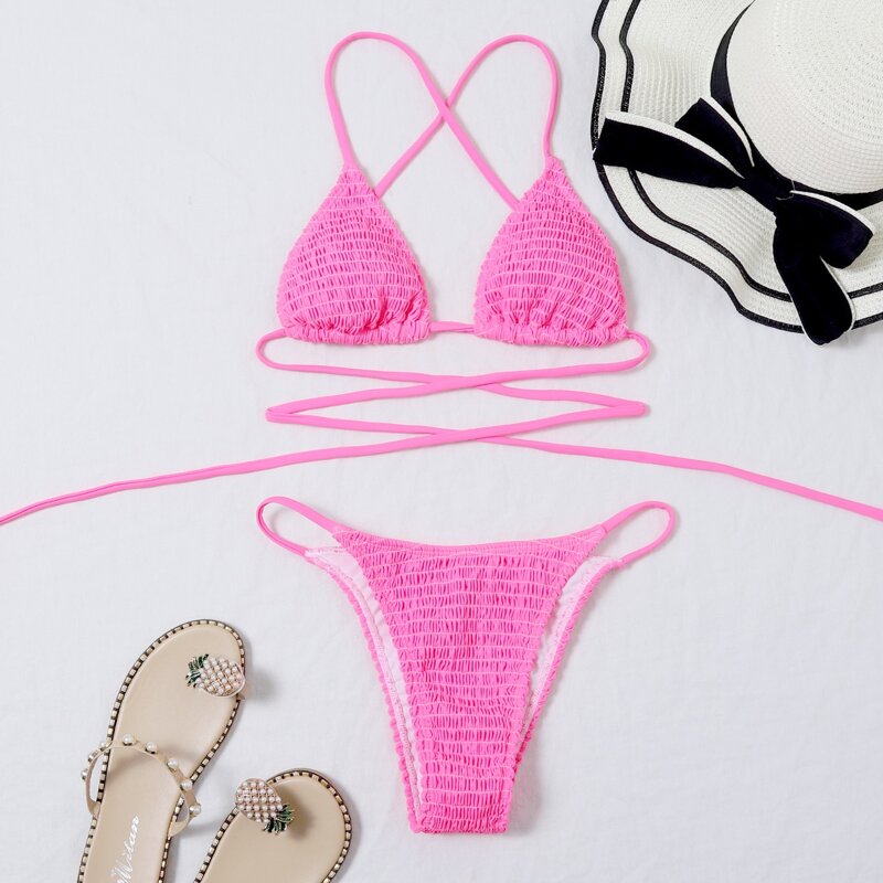 

Smocked Triangle Thong Bikini Swimsuit, Hot pink