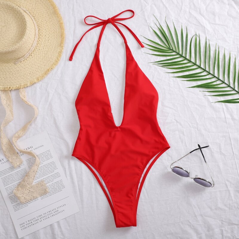

Halter Plunging One Piece Swimsuit, Red