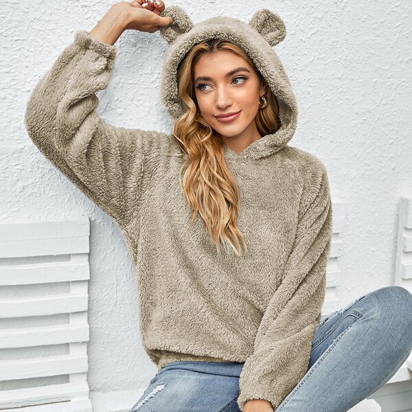 

3D Ear Hooded Teddy Sweatshirt, Khaki