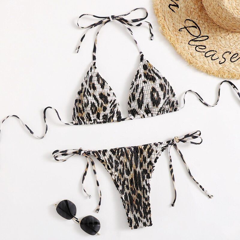 

Leopard Shirred Tie Side Bikini Swimsuit, Multicolor