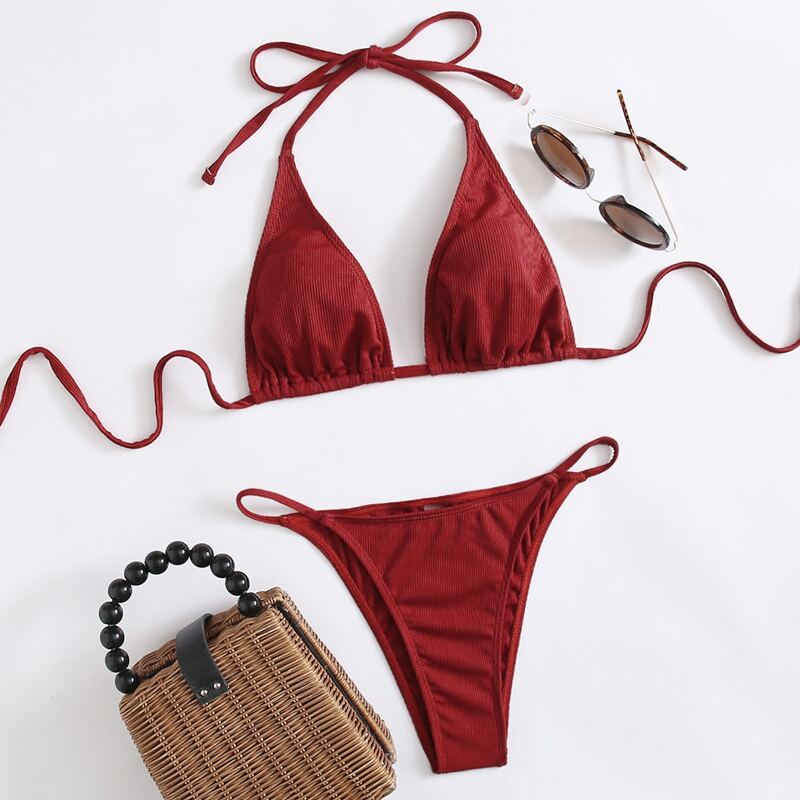 

Solid Triangle Thong Bikini Swimsuit, Burgundy