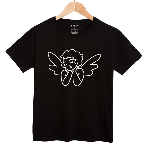 

Cartoon Figure Print Short Sleeve Tee, Black
