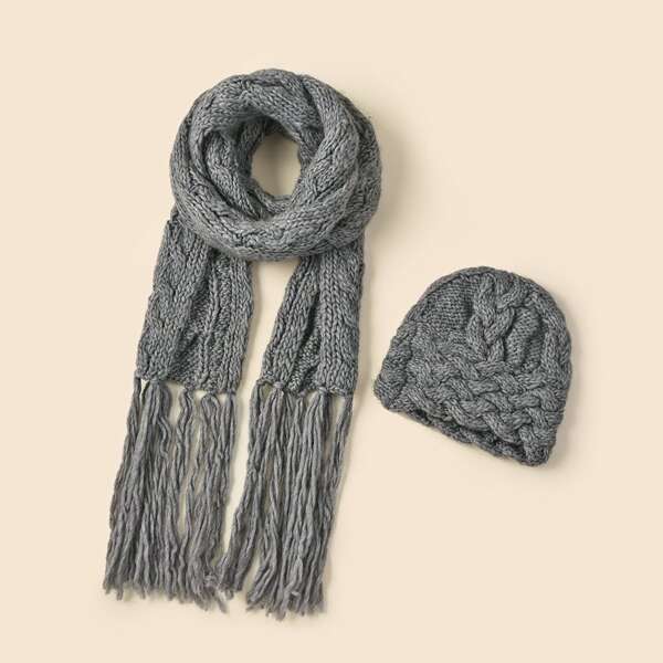 

1pc Solid Beanie & 1pc Scarf, Grey