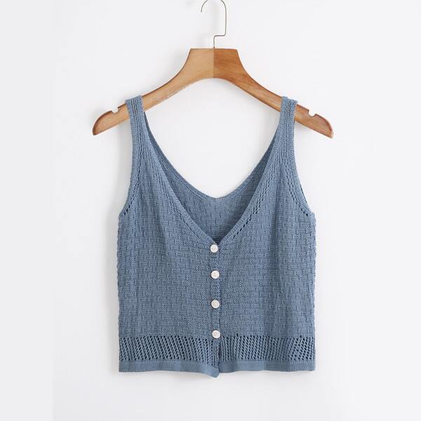 

Pointelle Knit Button Front Knit Top, Dusty blue