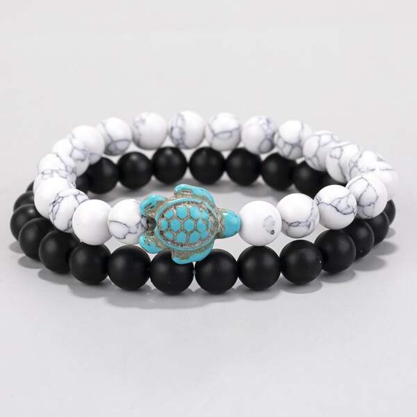 

2pcs Men Tortoise Decor Beaded Bracelet, Multicolor