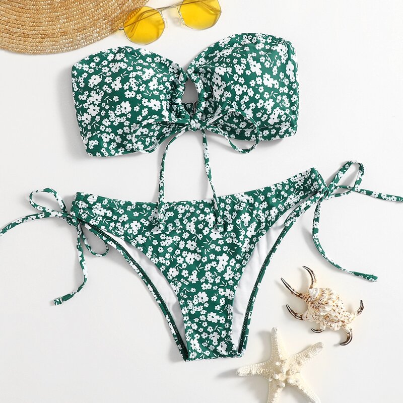 

Ditsy Flower Cut Out Tie Side Bikini Swimsuit, Green