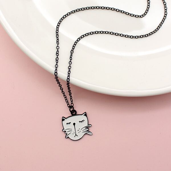 

Cartoon Cat Charm Necklace, Black and white