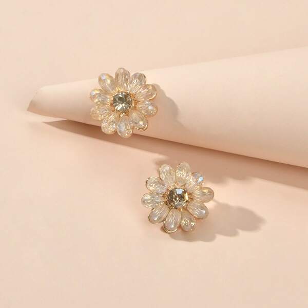

Rhinestone Decor Flower Design Stud Earrings, Champagne