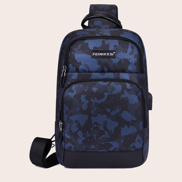 

Men Letter Patch Camo Pattern Sling Bag, Blue
