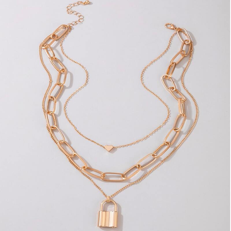 

1pc Lock Charm Layered Chain Necklace, Gold