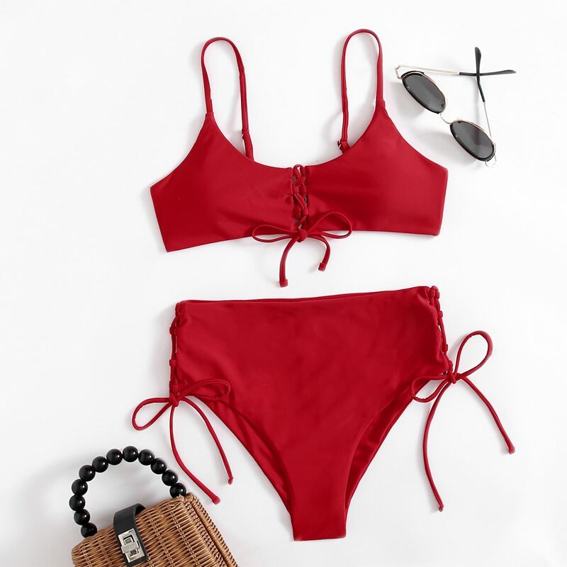 

Solid Lace Up High Waist Bikini Swimsuit, Red