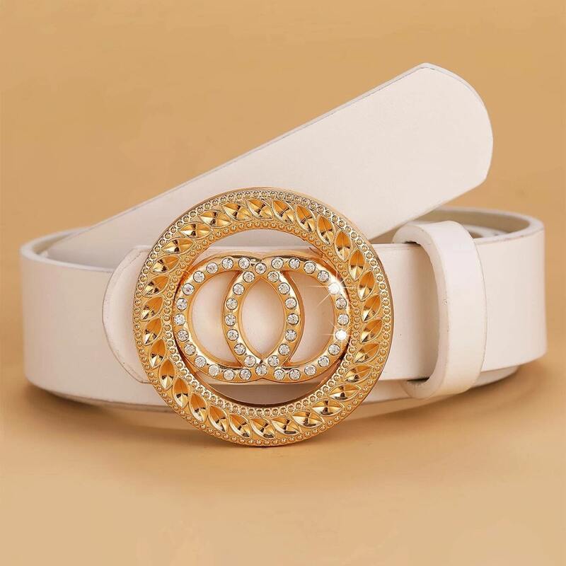 

Rhinestone Round Buckle Belt, White