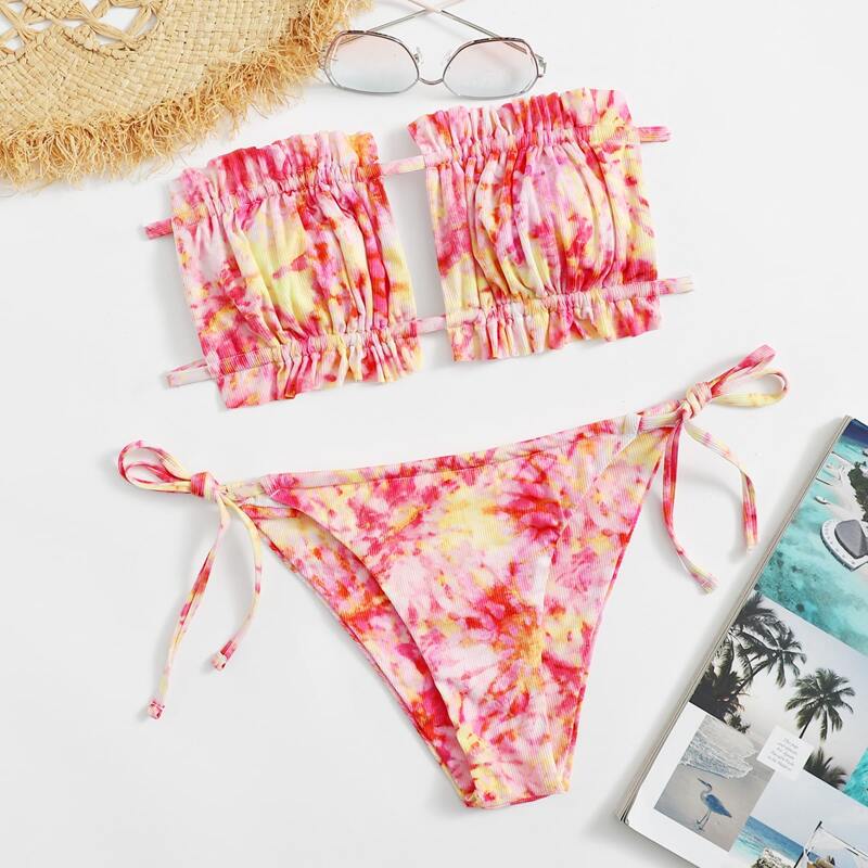 

Tie Dye Cut Out Tie Side Bikini Swimsuit, Multicolor